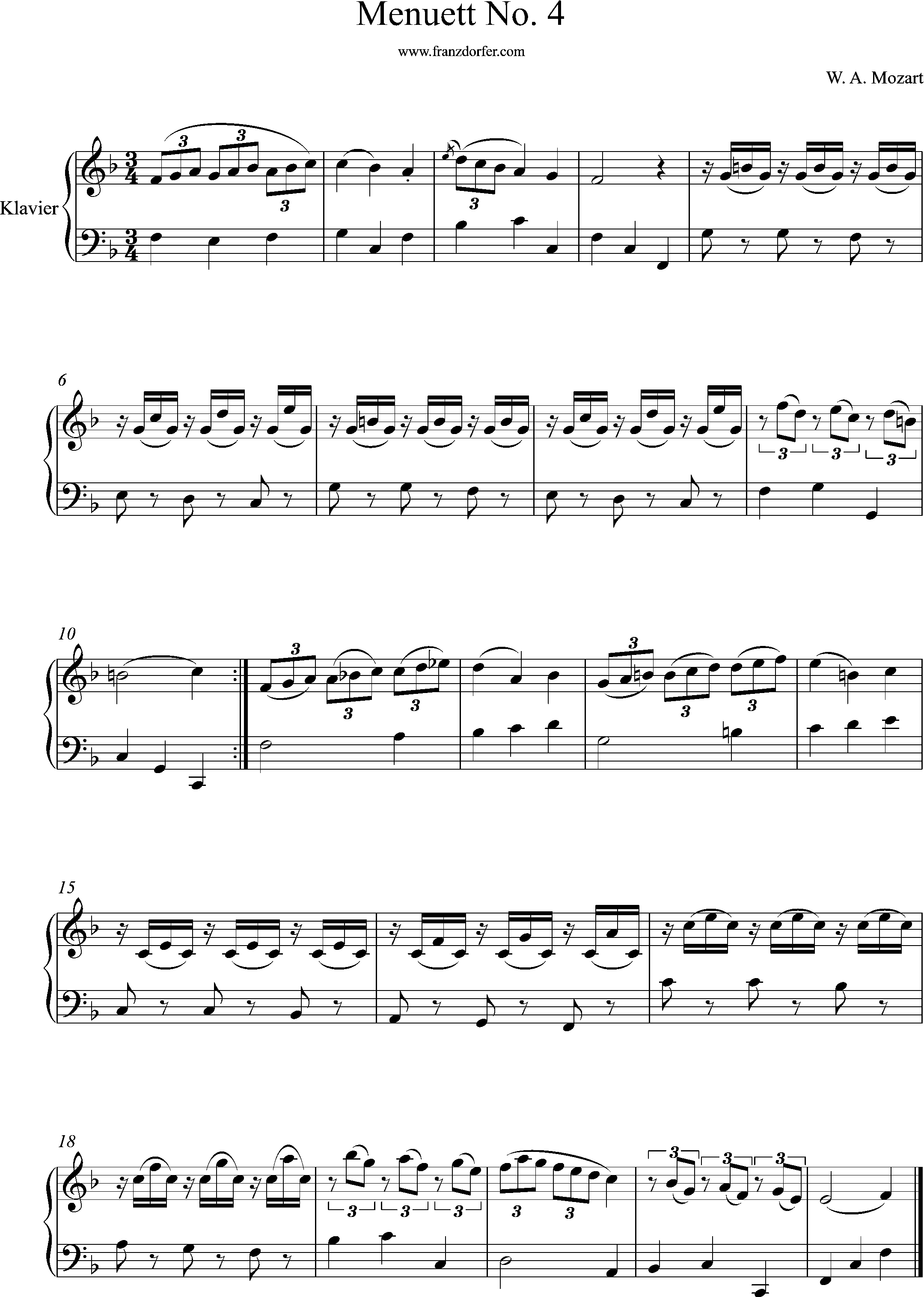 Menuet No. 4, KV 5, F-Dur, Mozart, klaviernoten